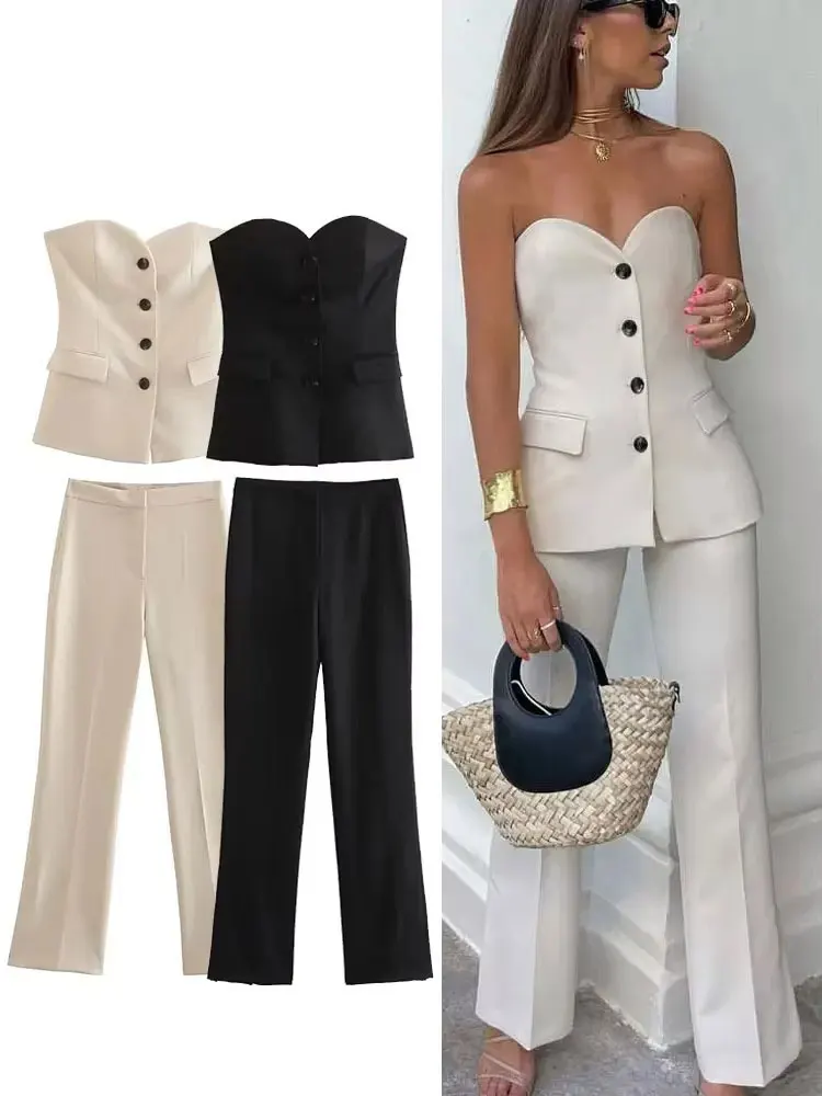 Women’s Elegant Strapless Pant Set – Slim Fit Button Tank Top & Side Slit Trousers