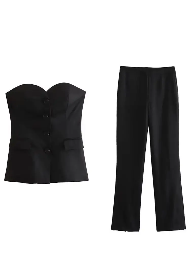 Women’s Elegant Strapless Pant Set – Slim Fit Button Tank Top & Side Slit Trousers - Image 4