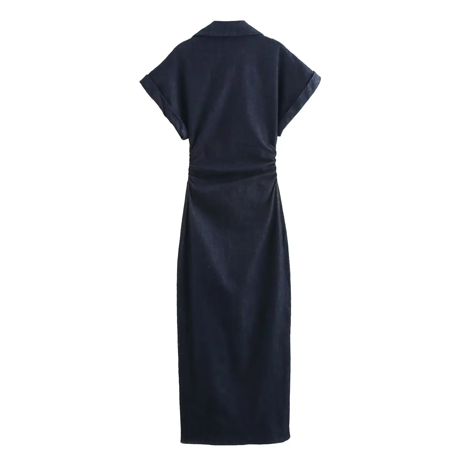 Denim Midi Dress – Slim Fit V-Neck Buttoned Lapel Spring Dress - Image 3