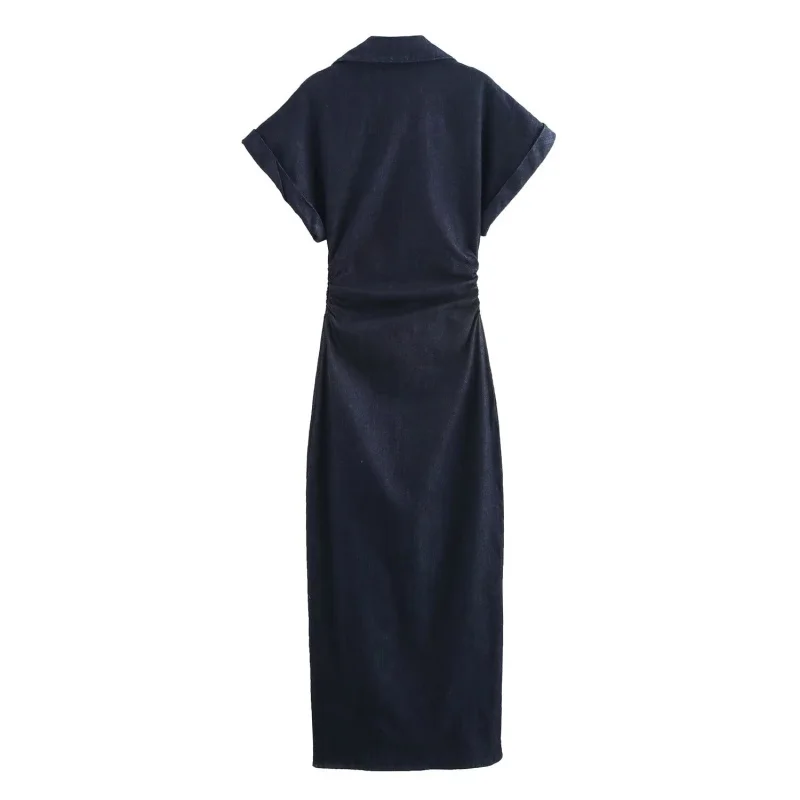 Denim Midi Dress – Slim Fit V-Neck Buttoned Lapel Spring Dress - Image 5