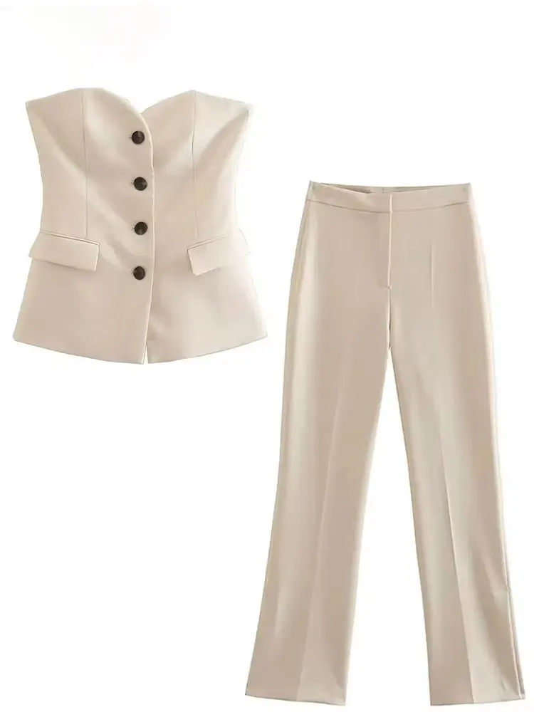 Women’s Elegant Strapless Pant Set – Slim Fit Button Tank Top & Side Slit Trousers - Image 3