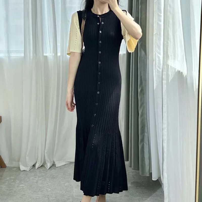 Summer French Style Openwork Knitted Midi Dress – Slim Fit Mermaid A-Line Dress