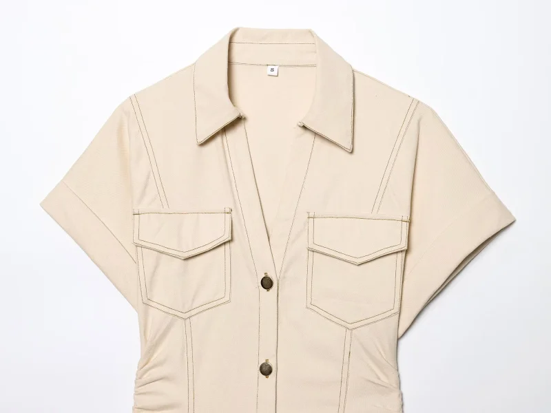 Denim Midi Dress – Slim Fit V-Neck Buttoned Lapel Spring Dress - Image 7