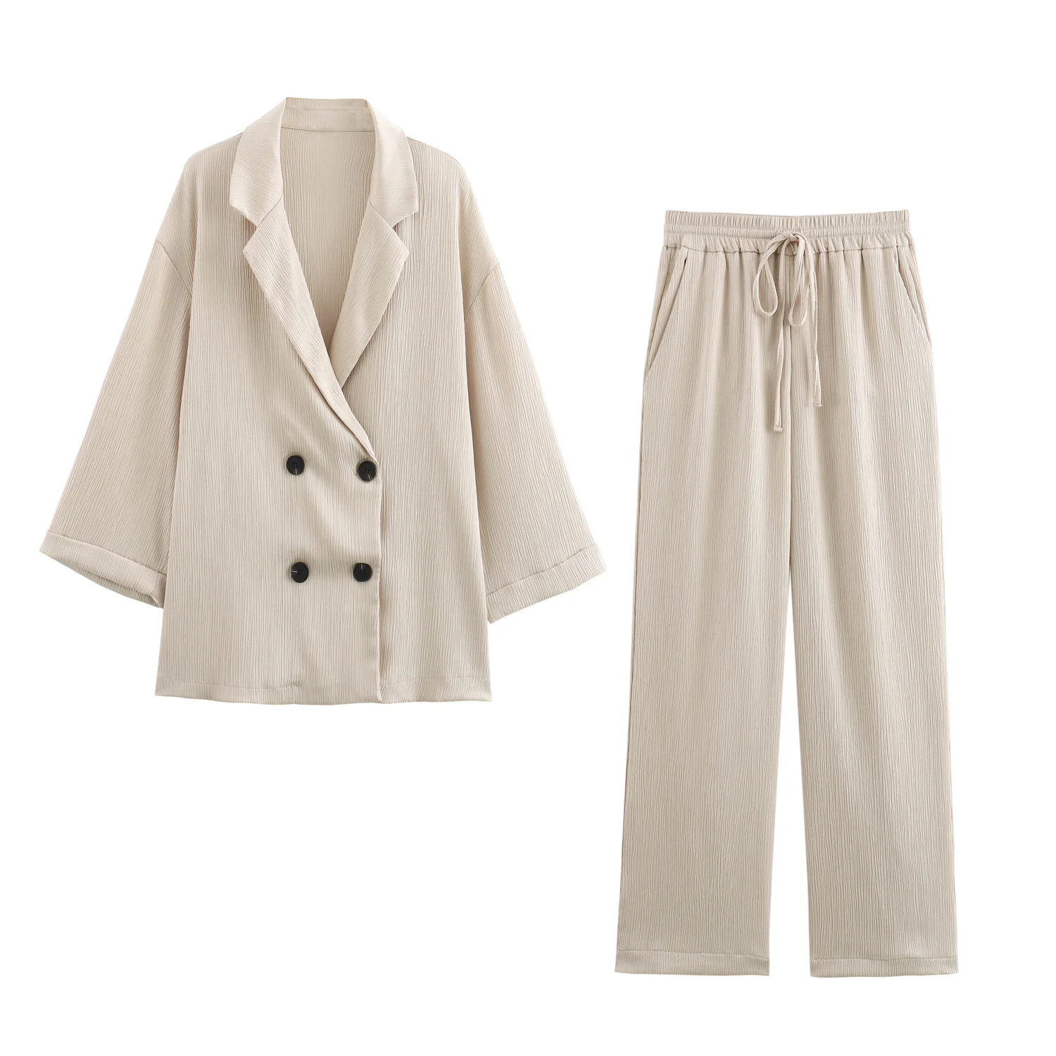 2026 Women’s Casual Blazer & Wide Leg Pants Set – Double Breasted Office Suit