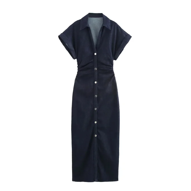 Denim Midi Dress – Slim Fit V-Neck Buttoned Lapel Spring Dress - Image 4