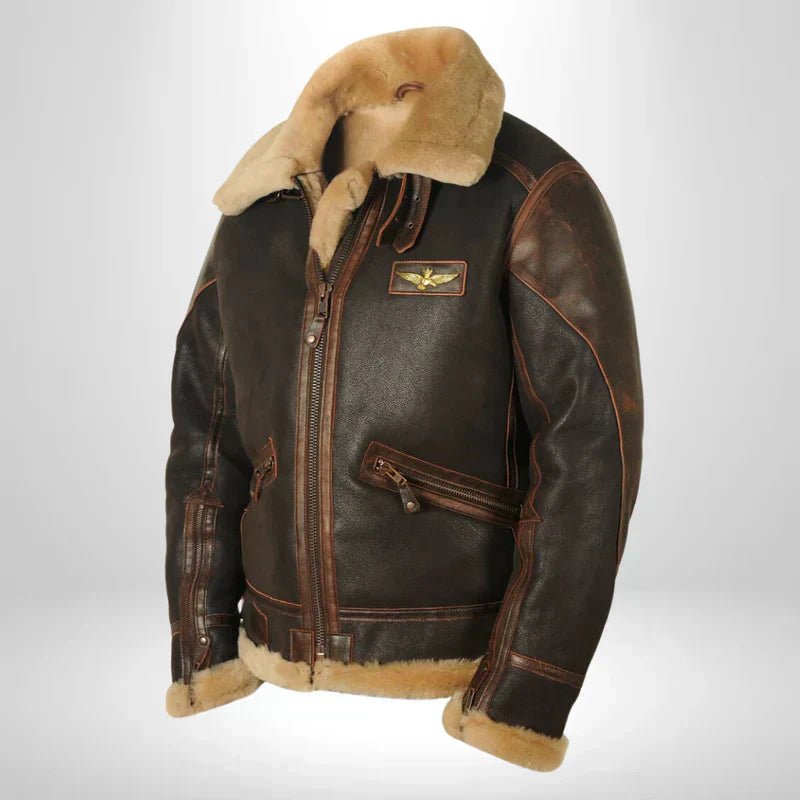 Men's Warm Leather Bomber Jacket Shearling Collar