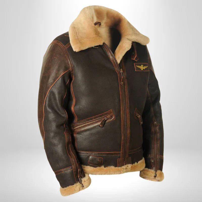 Men's Warm Leather Bomber Jacket Shearling Collar - Image 2
