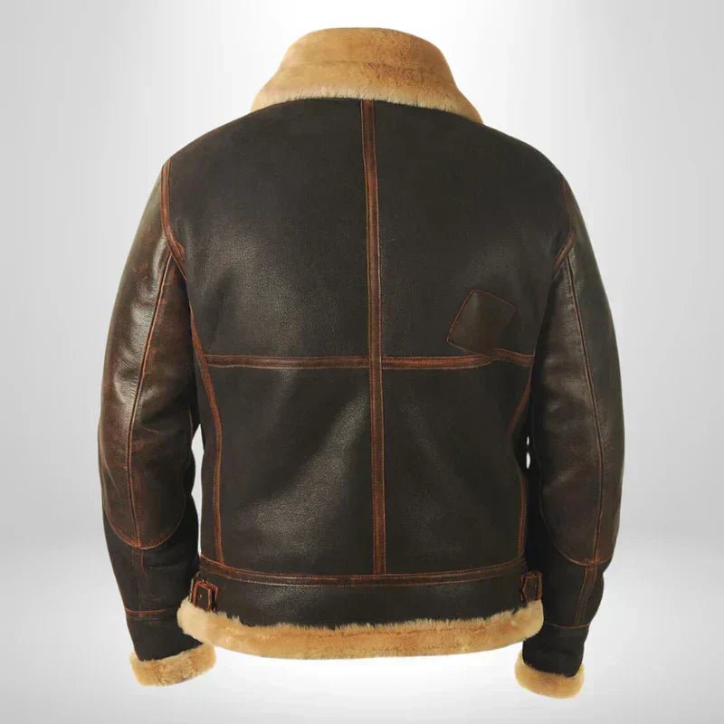 Men's Warm Leather Bomber Jacket Shearling Collar - Image 3