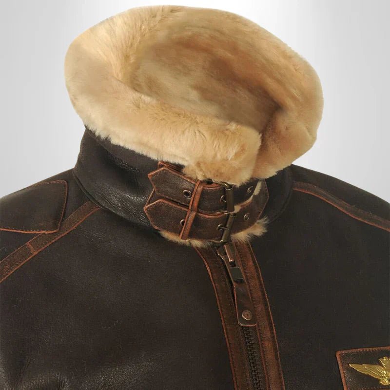 Men's Warm Leather Bomber Jacket Shearling Collar - Image 4