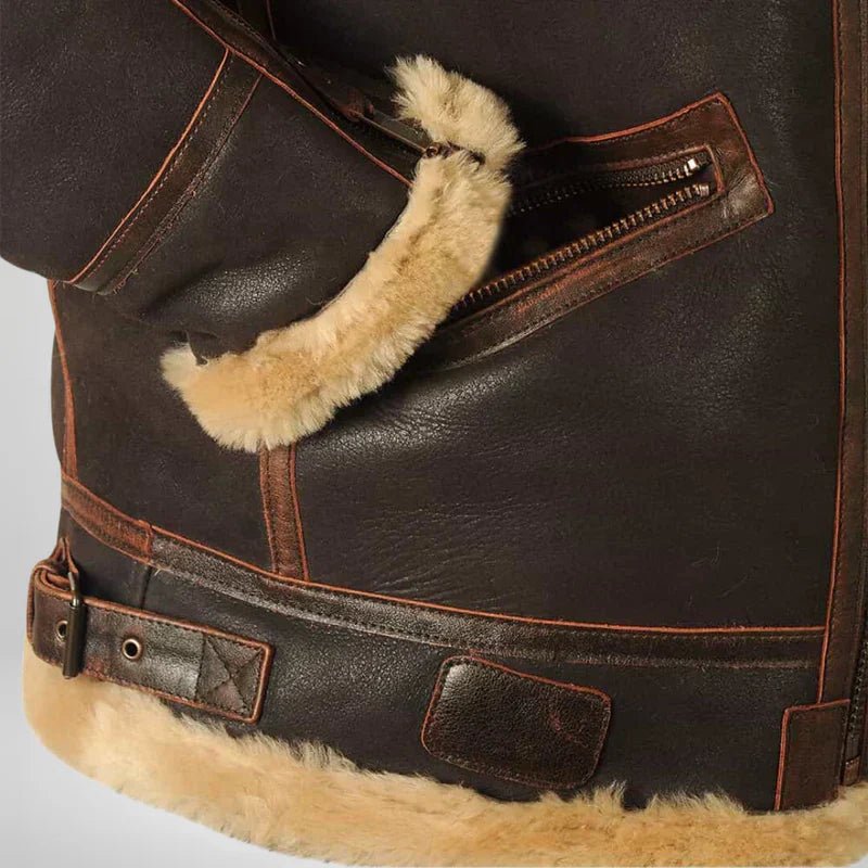 Men's Warm Leather Bomber Jacket Shearling Collar - Image 5