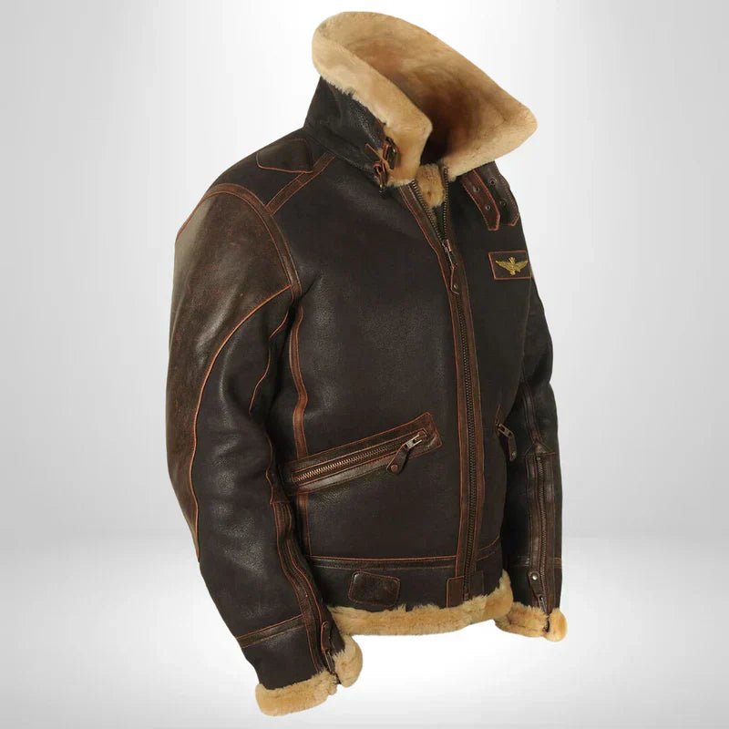 Men's Warm Leather Bomber Jacket Shearling Collar - Image 6