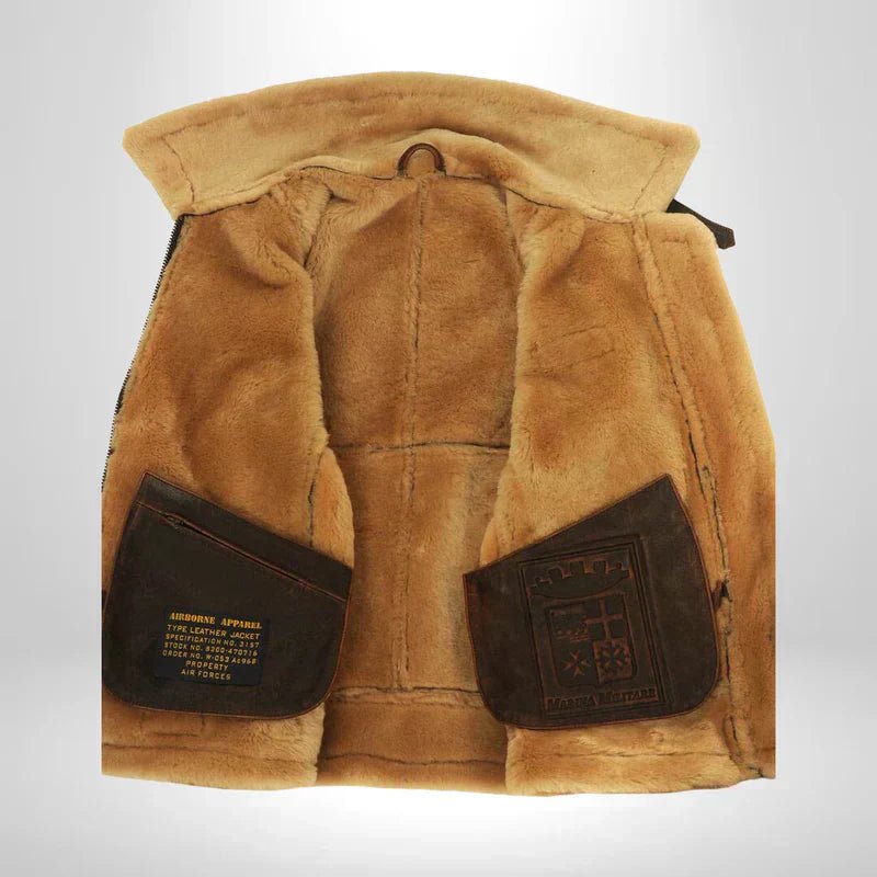 Men's Warm Leather Bomber Jacket Shearling Collar - Image 7