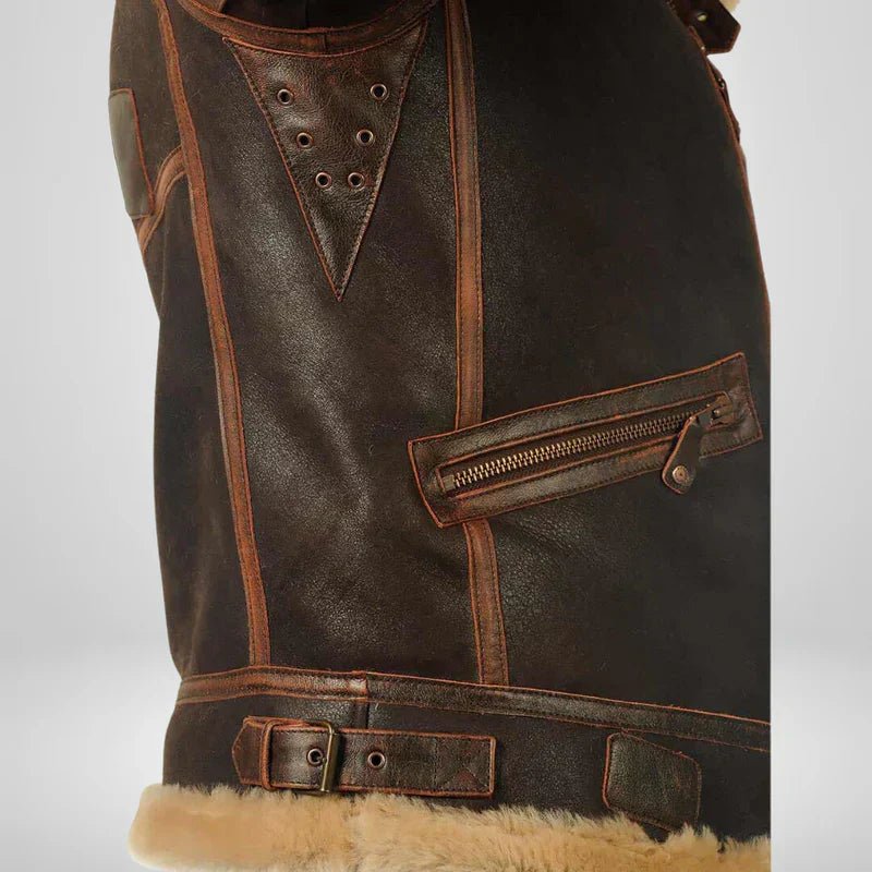 Men's Warm Leather Bomber Jacket Shearling Collar - Image 9