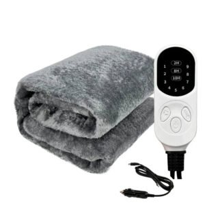 Portable 12V Heated Car Blanket - Grey, Remote Control