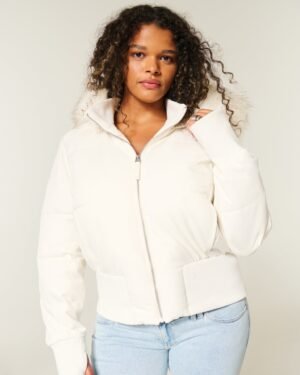 Women's Cropped Puffer Jacket with Faux Fur Hood
