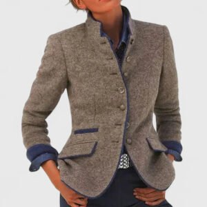 Structured Wool Blend Blazer Stand-Up Collar