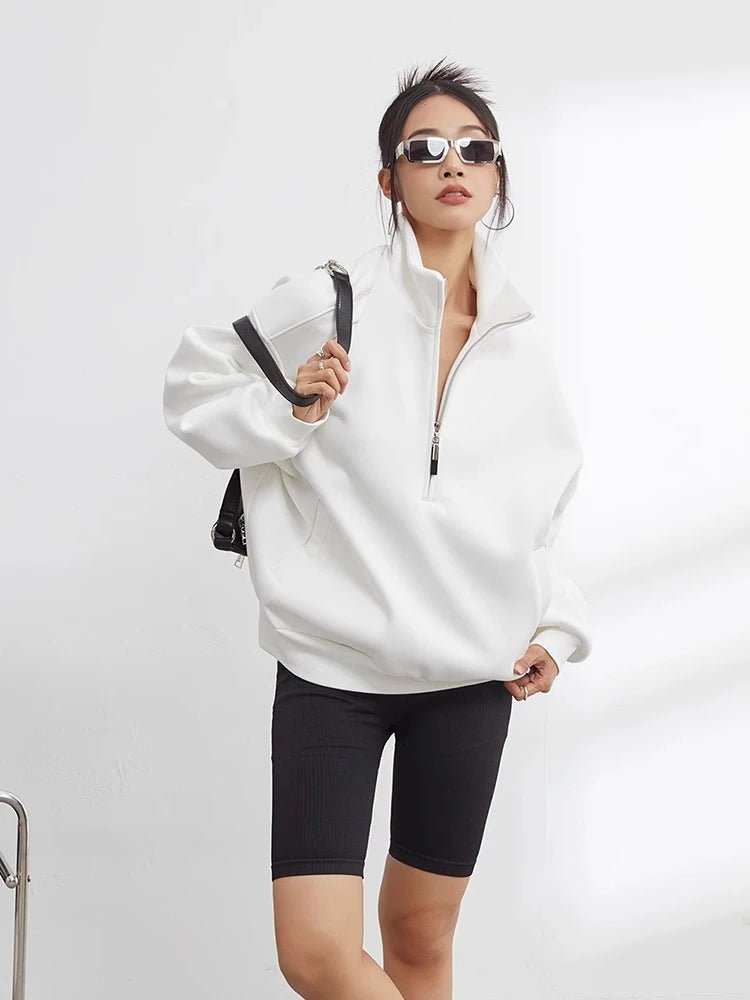 Oversized Half Zip Hoodie with Stand Collar - Image 6