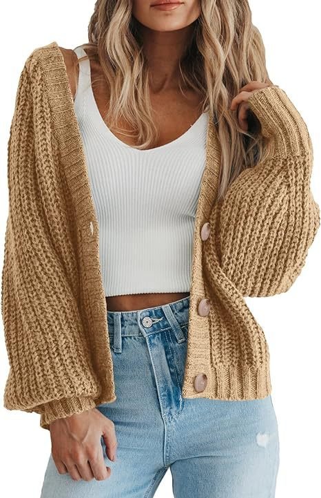 Oversized Knit Cardigan with Voluminous Sleeves V-Neck - Image 6