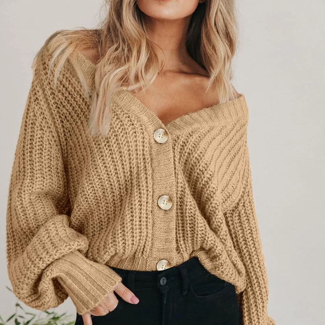 Oversized Knit Cardigan with Voluminous Sleeves V-Neck - Image 4