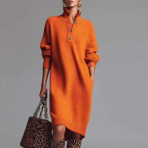 Button Placket Knit Midi Dress for Autumn Winter