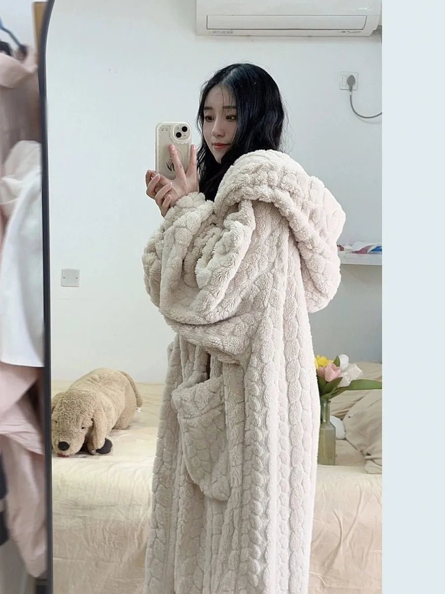 Women's Long Hooded Bathrobe Soft Winter Robe - Image 3