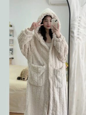Women's Long Hooded Bathrobe Soft Winter Robe