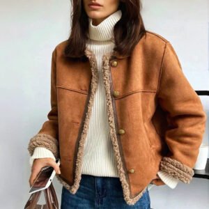 Women's Sheepskin Jacket Button Closure Side Pockets