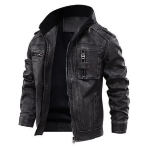 Black Leather Biker Jacket for Men Durable