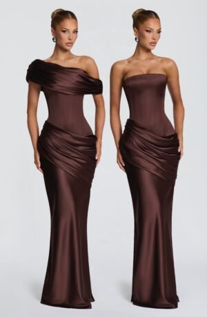 Women's Satin Maxi Dress Strapless Corset Back