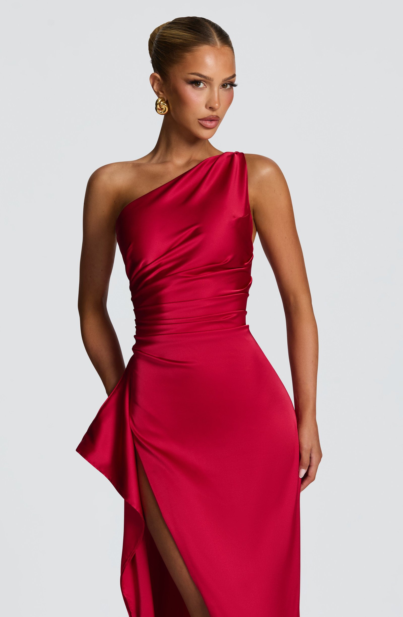 Women's Dress One Shoulder Stretch Satin Thigh Split - Image 4