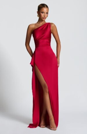 Women's Dress One Shoulder Stretch Satin Thigh Split