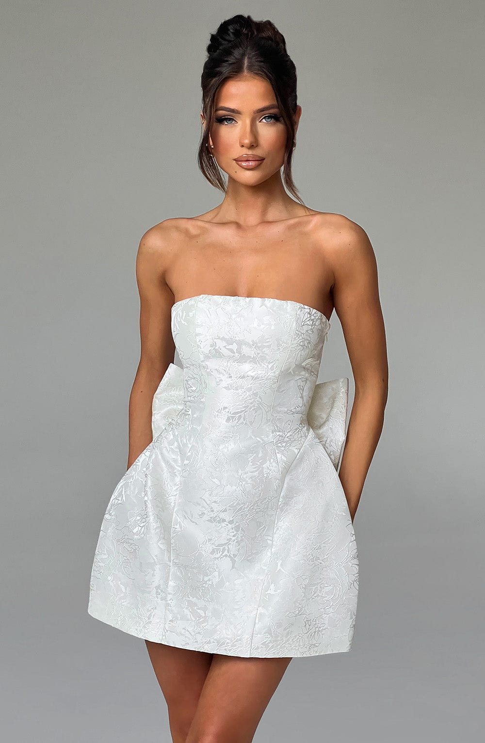Women's Strapless Jacquard Mini Dress with Lace-Up Back