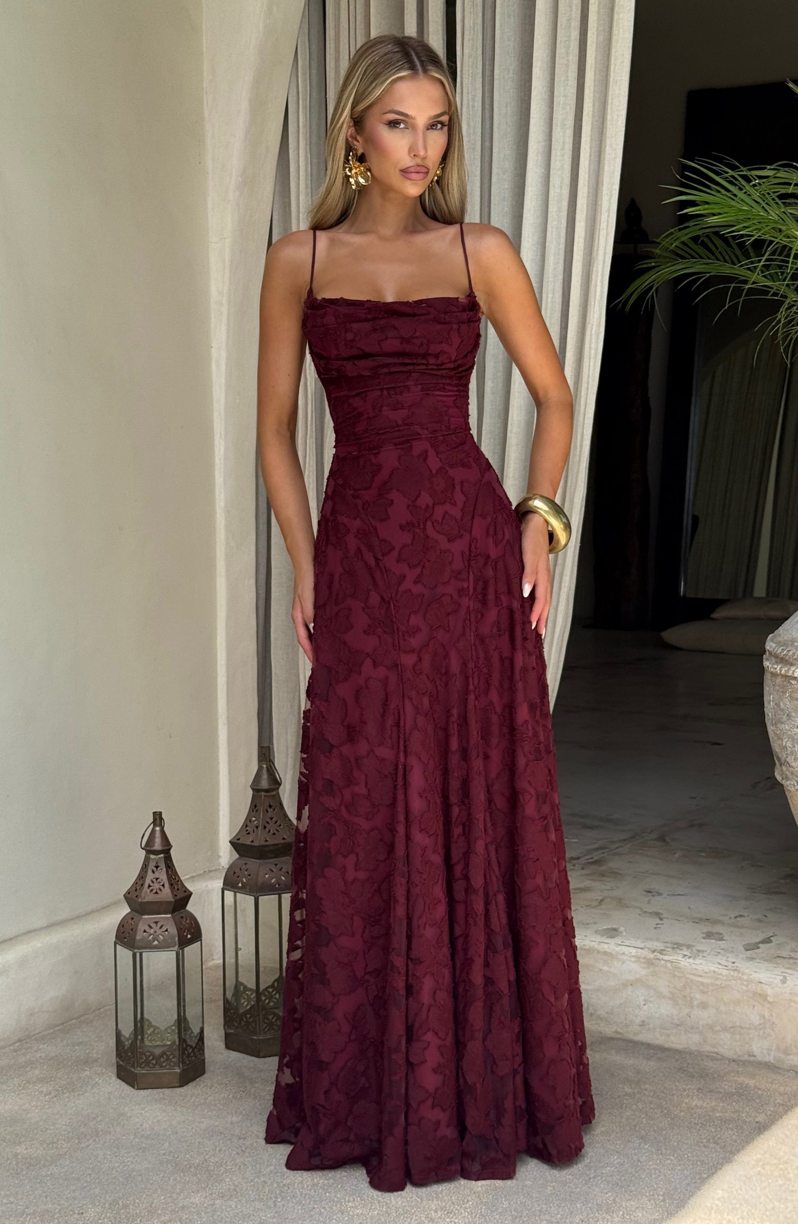 Women's Maxi Dress Floral Burnout Lace-Up Back - Image 3