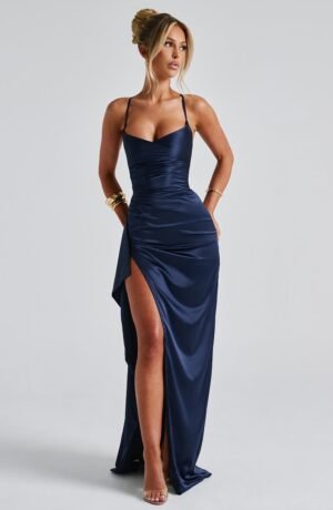 Women's Maxi Dress Navy Twist Cowl Neck Lace Up Back