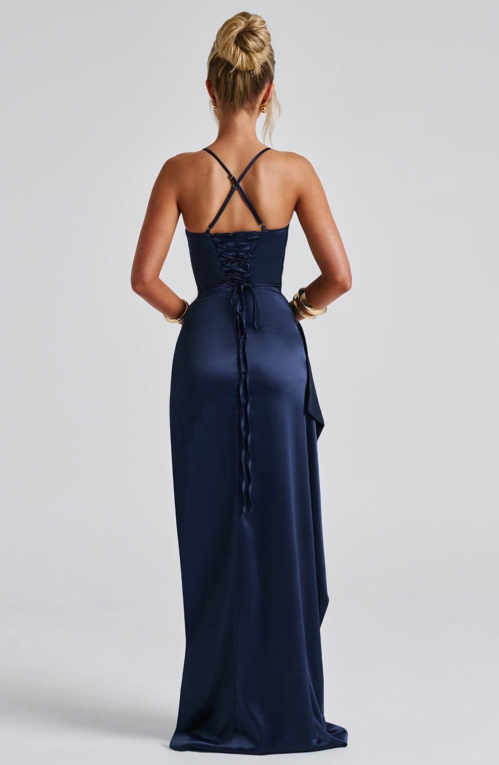Women's Maxi Dress Navy Twist Cowl Neck Lace Up Back - Image 4