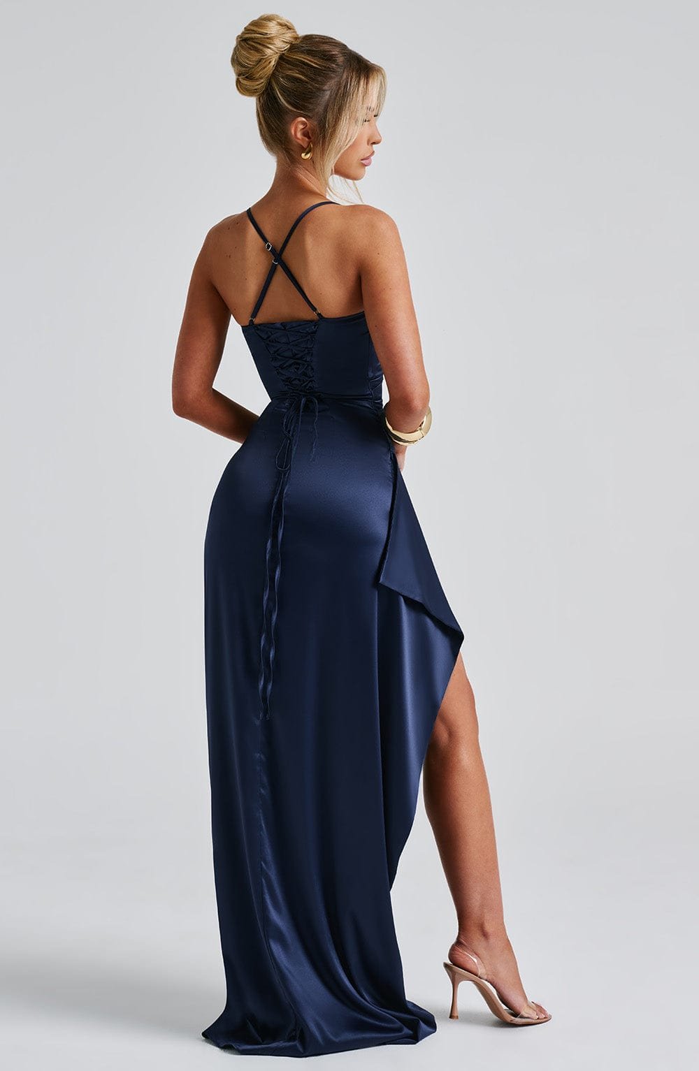 Women's Maxi Dress Navy Twist Cowl Neck Lace Up Back - Image 2