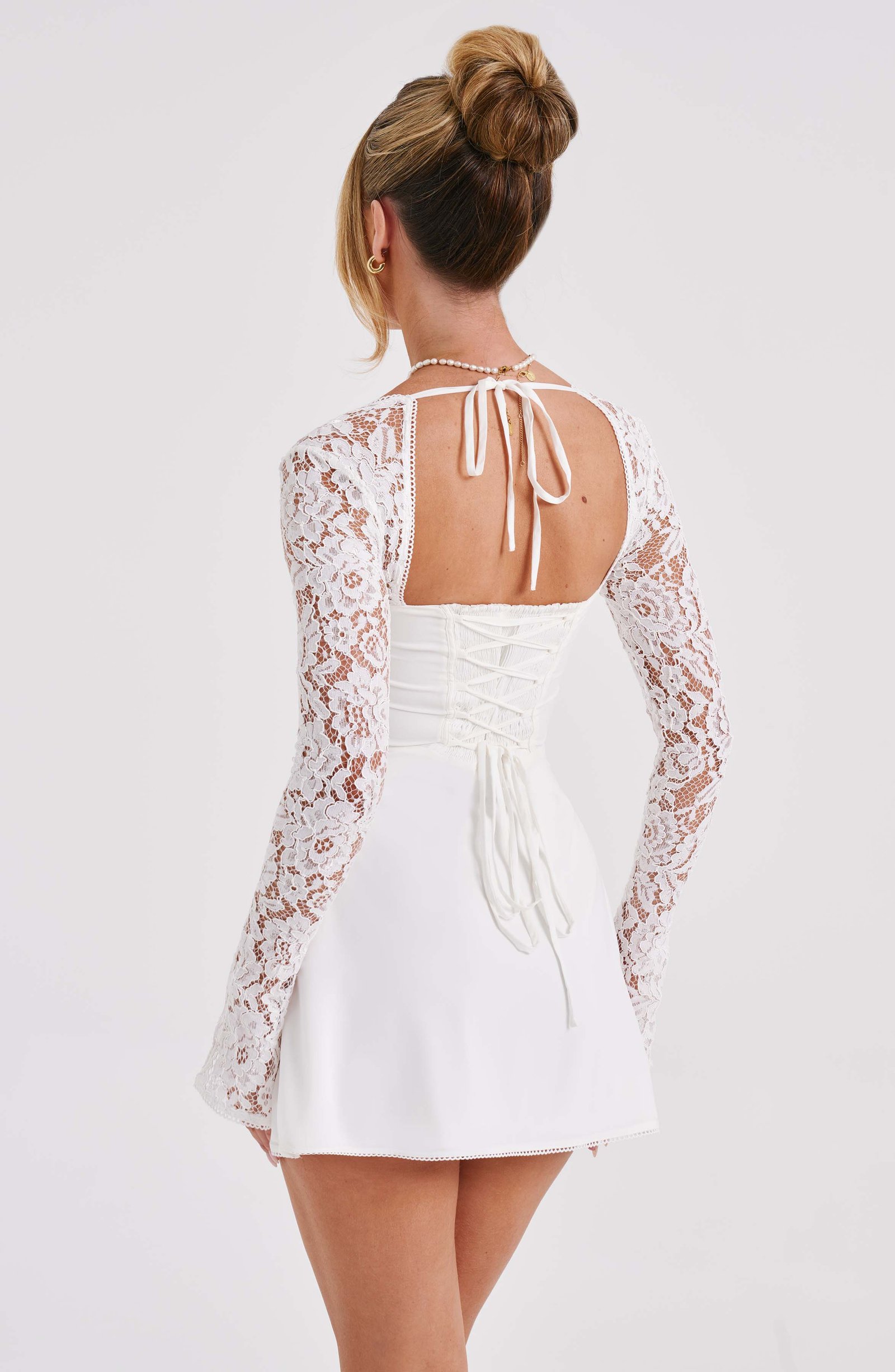 Women's Mini Dress Floral Lace Flared Sleeve Ivory - Image 5