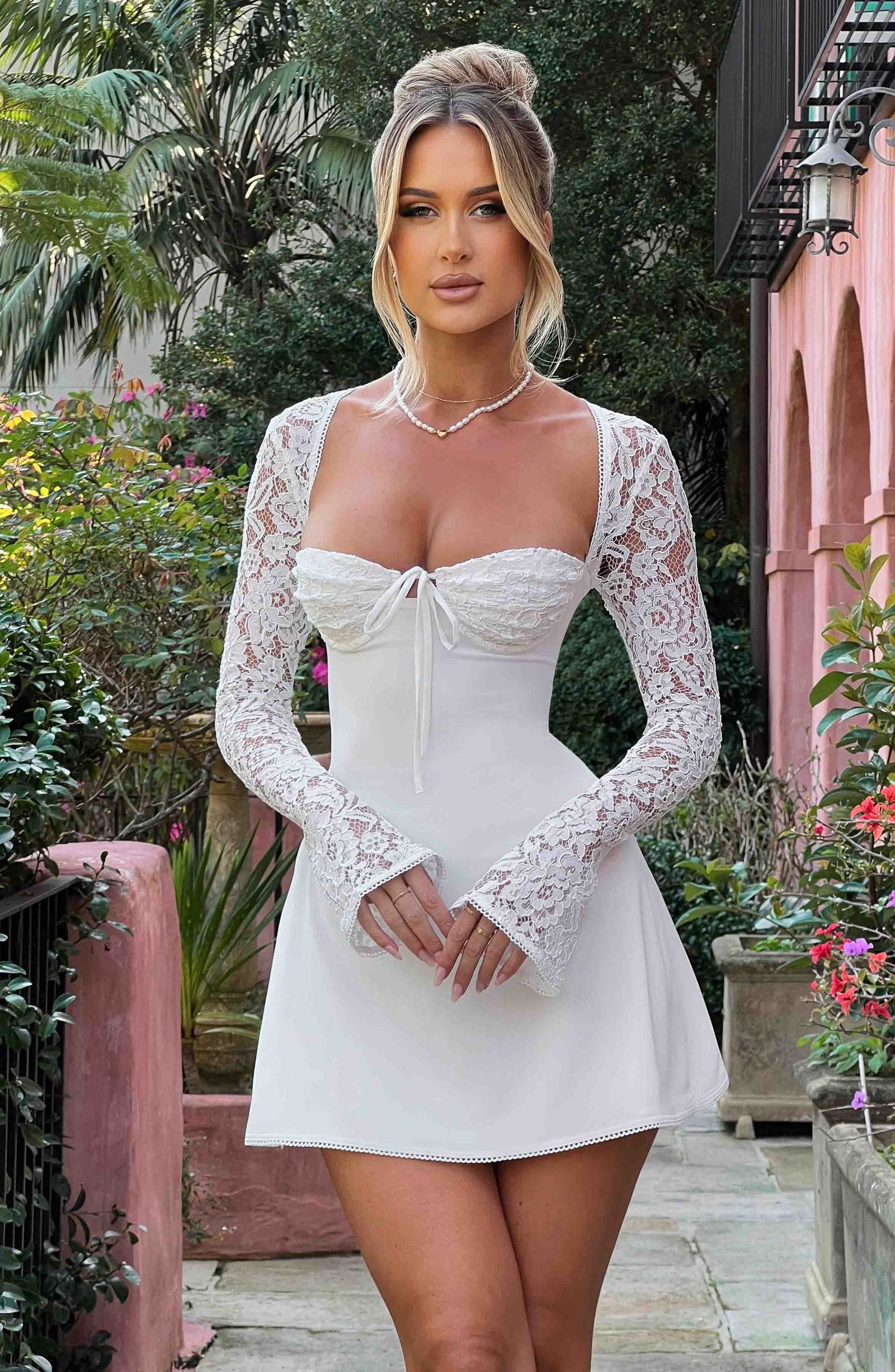 Women's Mini Dress Floral Lace Flared Sleeve Ivory - Image 10