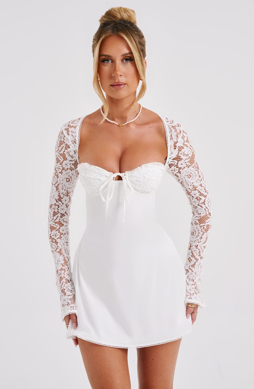Women's Mini Dress Floral Lace Flared Sleeve Ivory - Image 17