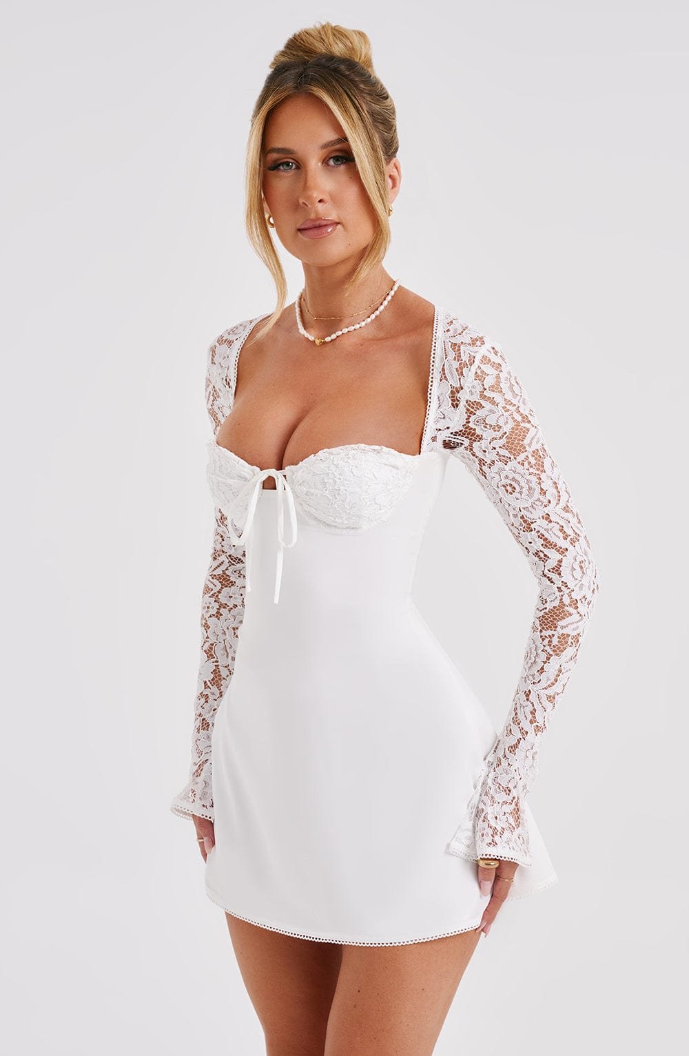 Women's Mini Dress Floral Lace Flared Sleeve Ivory - Image 20